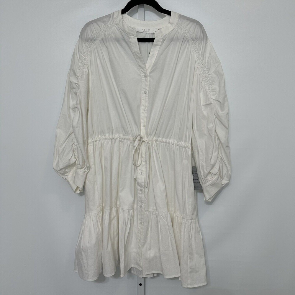 ASTR the Label Womens White Ruched Flounce Mini Shirtdress Size-large Button